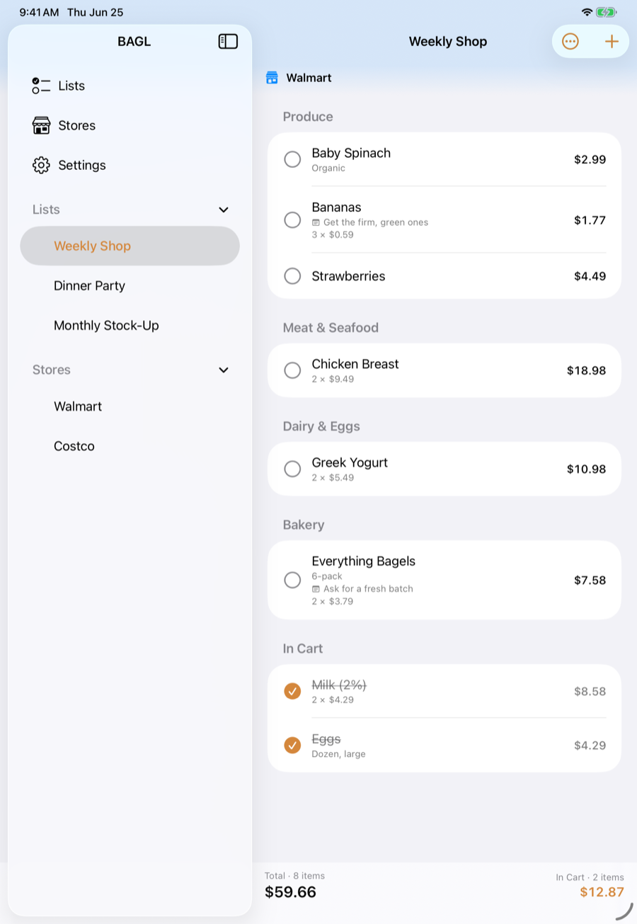BAGL on iPad with a sidebar and an open shopping list