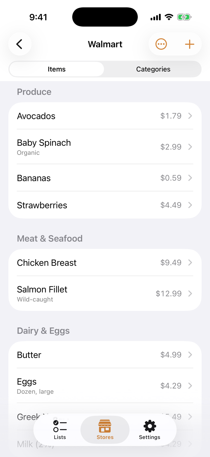 A store's remembered items, each with its current price