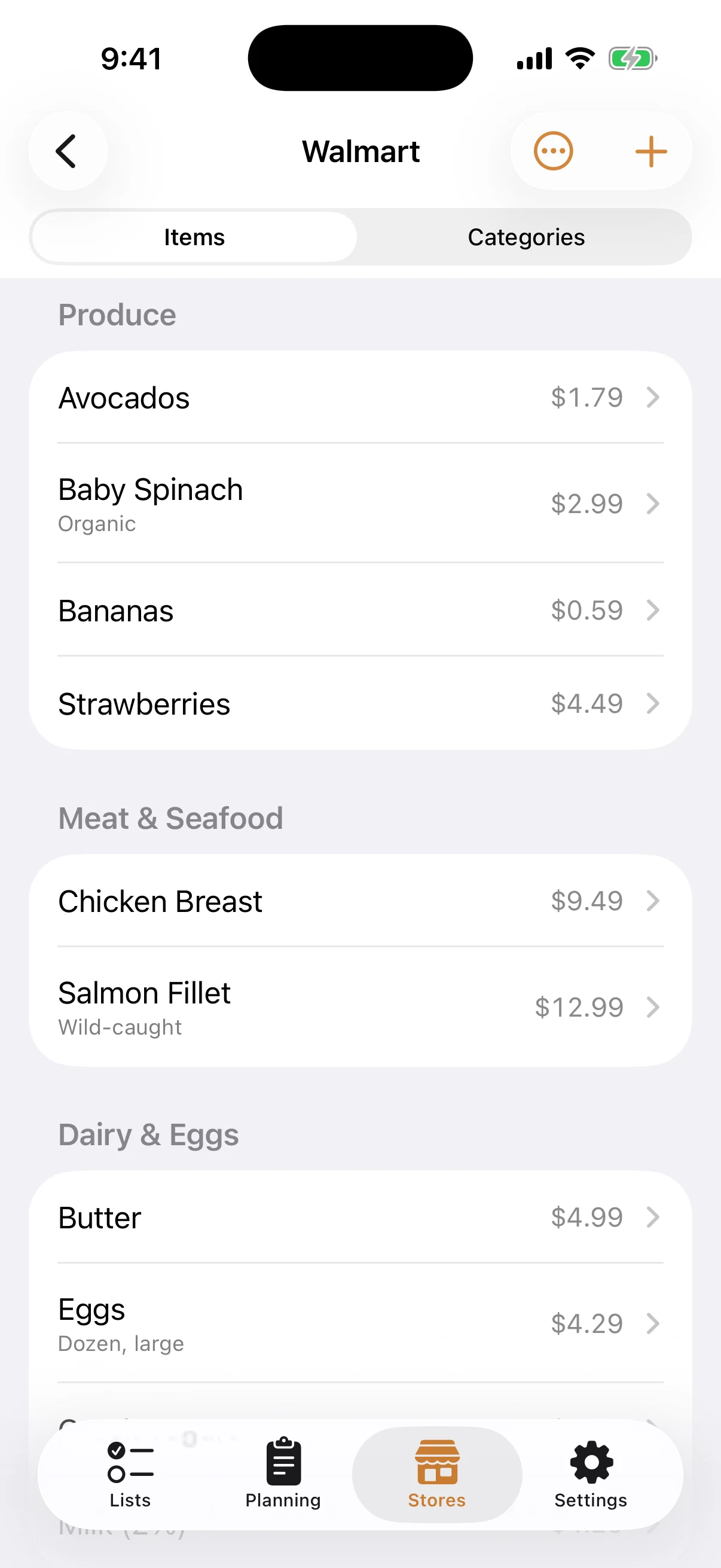 A store's remembered items, each with its current price