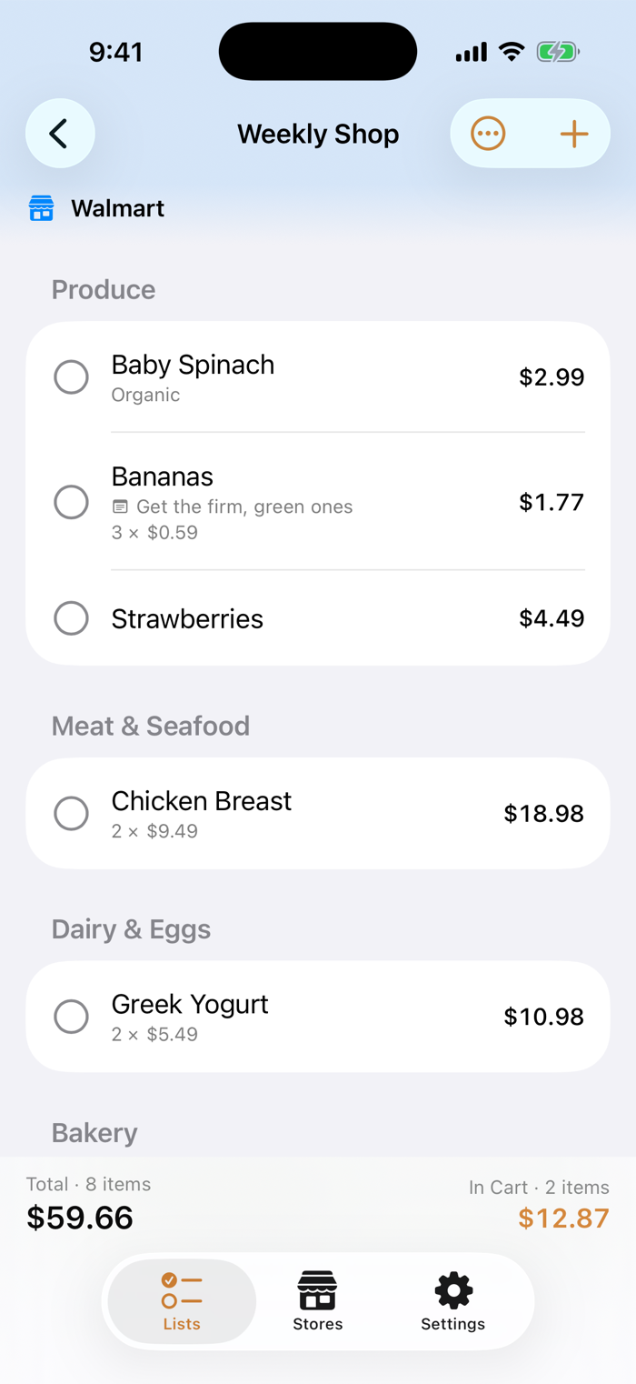 A shopping list showing items by category with a running total