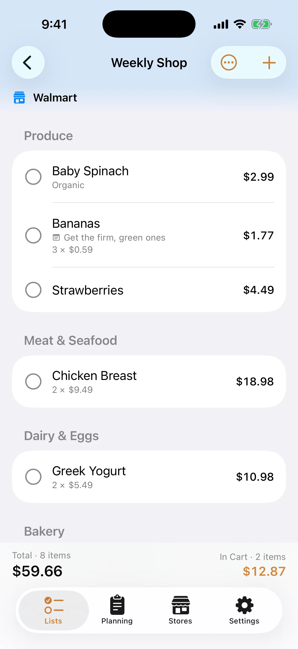 A shopping list showing items by category with a running total