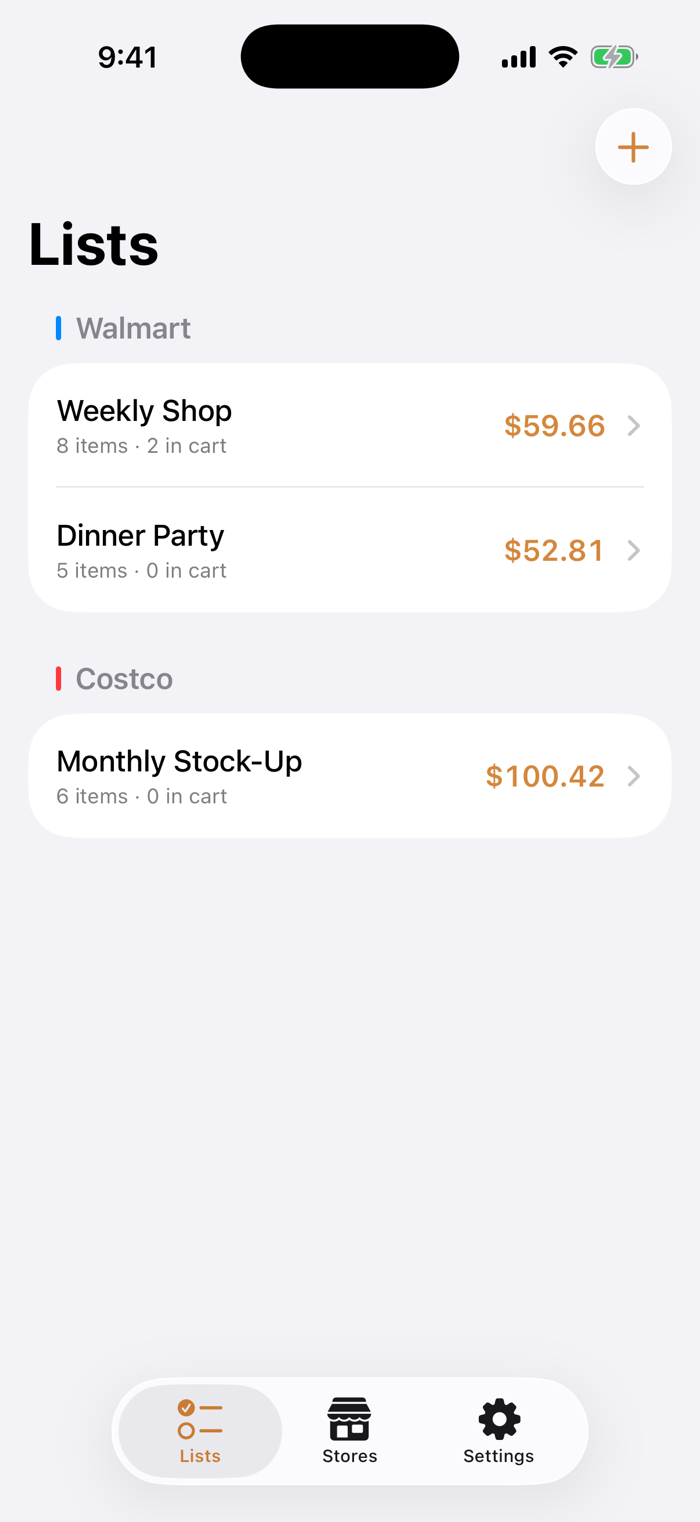 The Lists screen, with lists grouped under Walmart and Costco