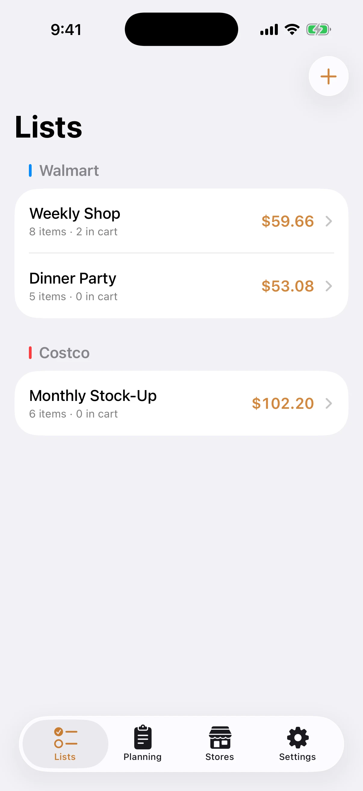 The Lists screen, with lists grouped under Walmart and Costco