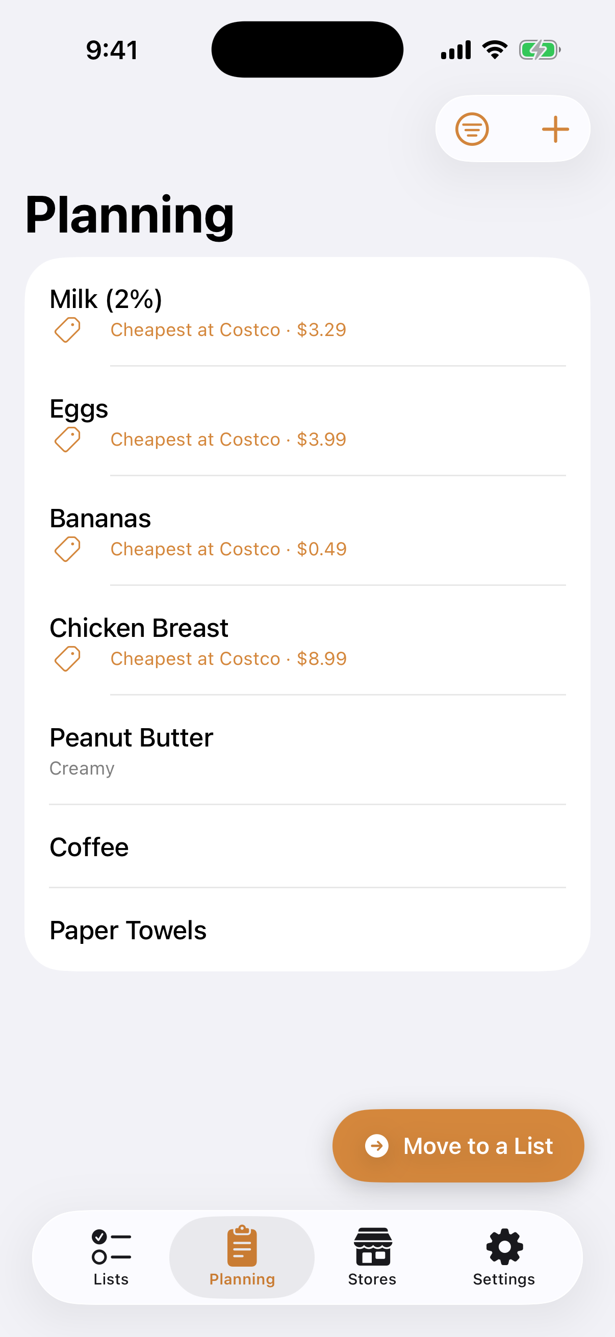 The Planning tab — a store-free list showing where each item is cheapest