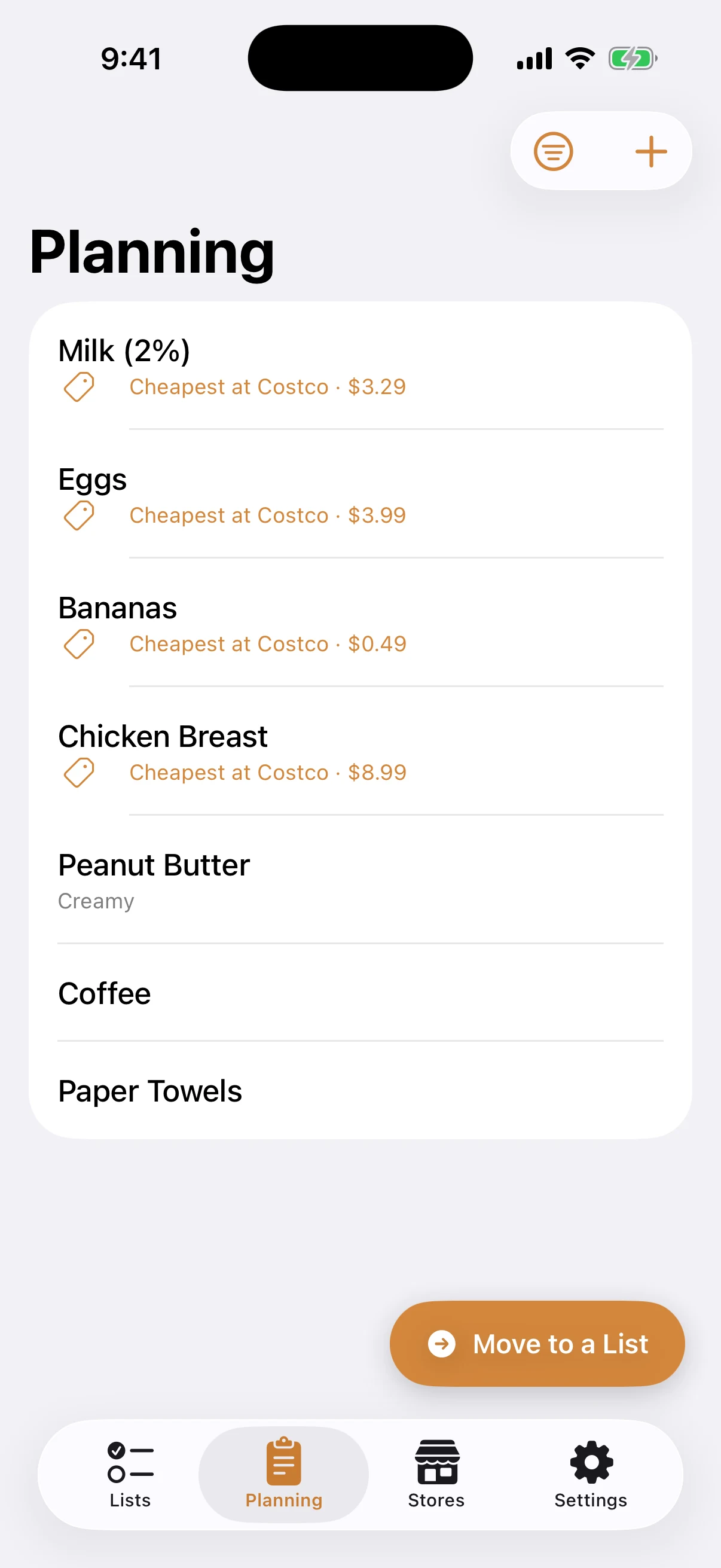 The Planning tab — a store-free list showing where each item is cheapest